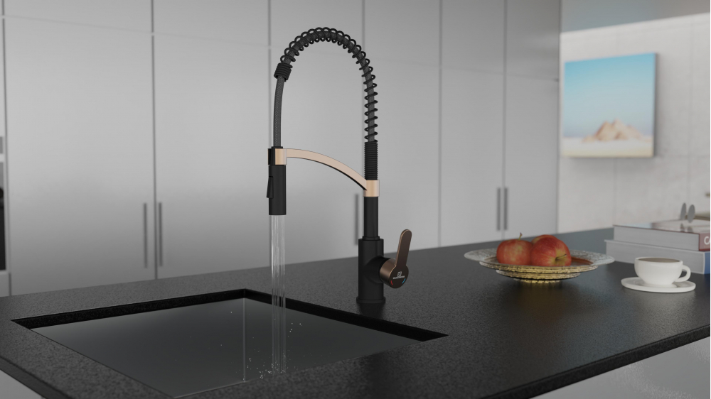 Kitchen faucet WK 3 Black/Rose-gold, spiral spring, 2 jet types