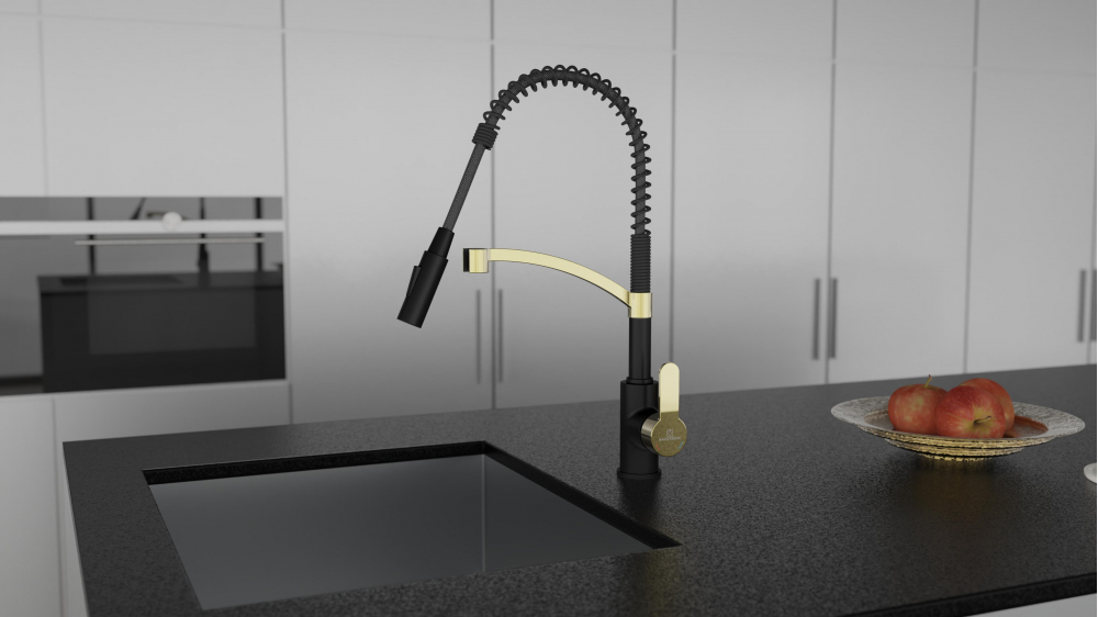 Kitchen faucet WK 3 Black/Matt-gold, spiral spring, 2 jet types