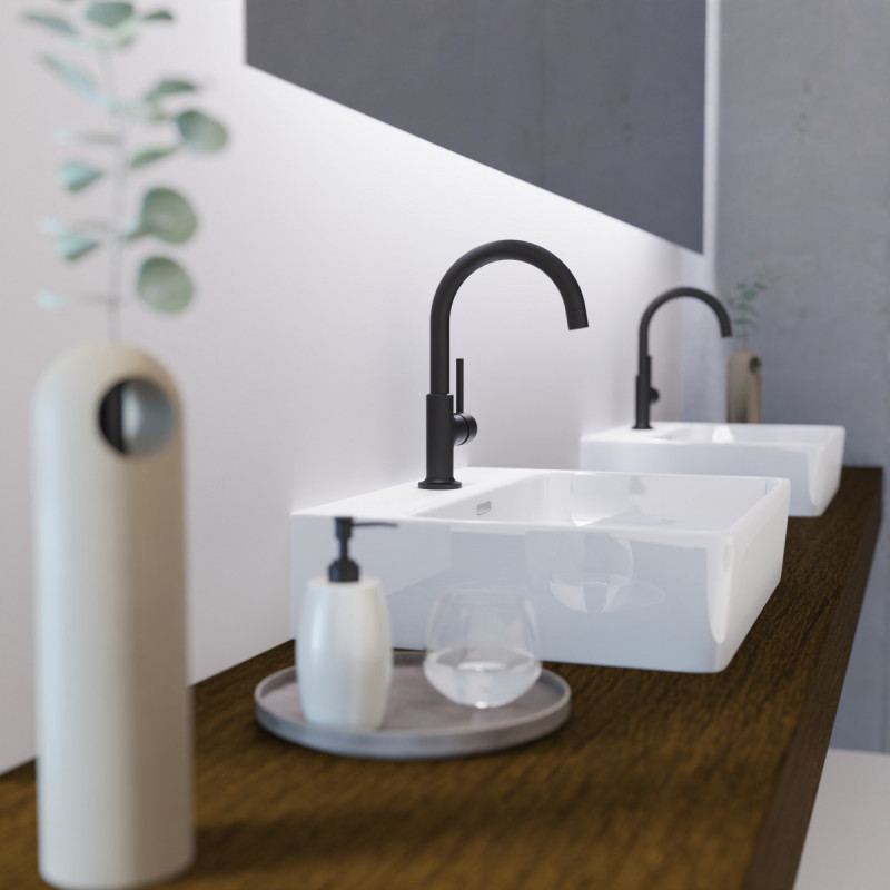 WT 14 in black, Washbasin faucet with curved spout