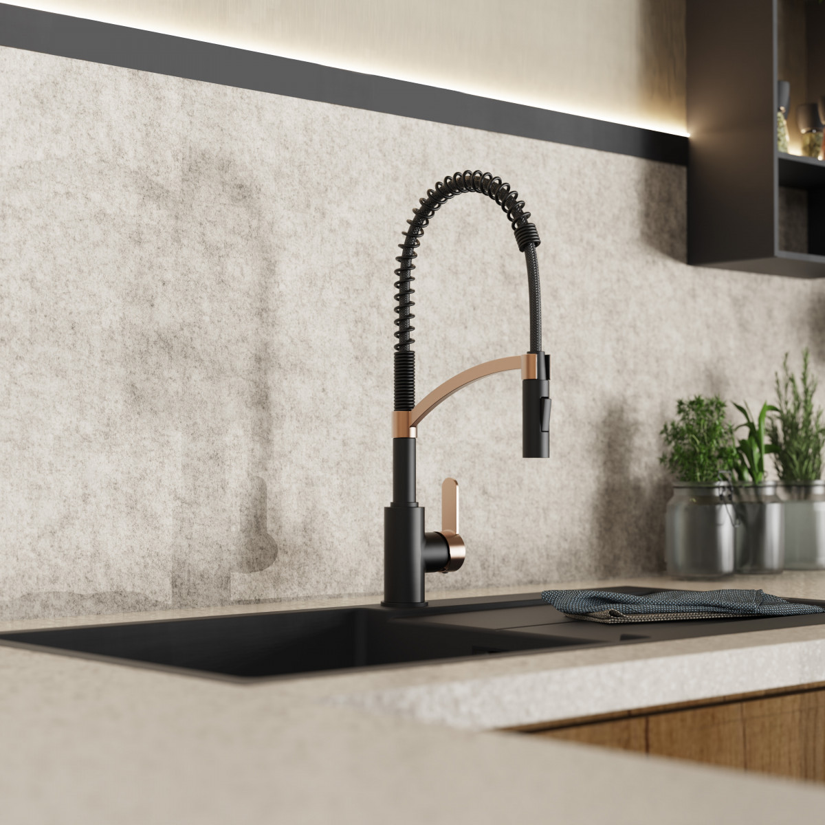 WK 3 in black/rosegold, Kitchen Faucet with innovative spiral spring design WK 3 in black/rosegold, Kitchen Faucet with innovative spiral spring design