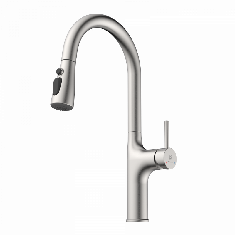 WK 10 in stainless steel look, Kitchen Faucet with arched spout and pull-down spray