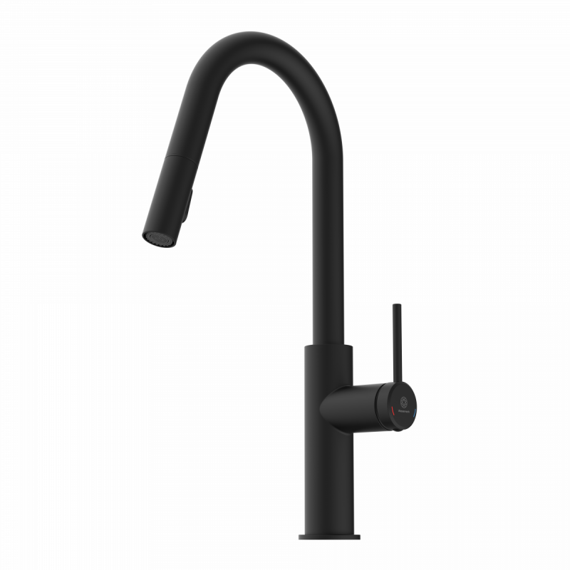 WK 13 Curve in black, Kitchen Faucet with curved spout and pull-down spray