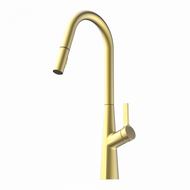 WK 9 Curve in gold look, Kitchen Faucet with curved spout and pull-down spray