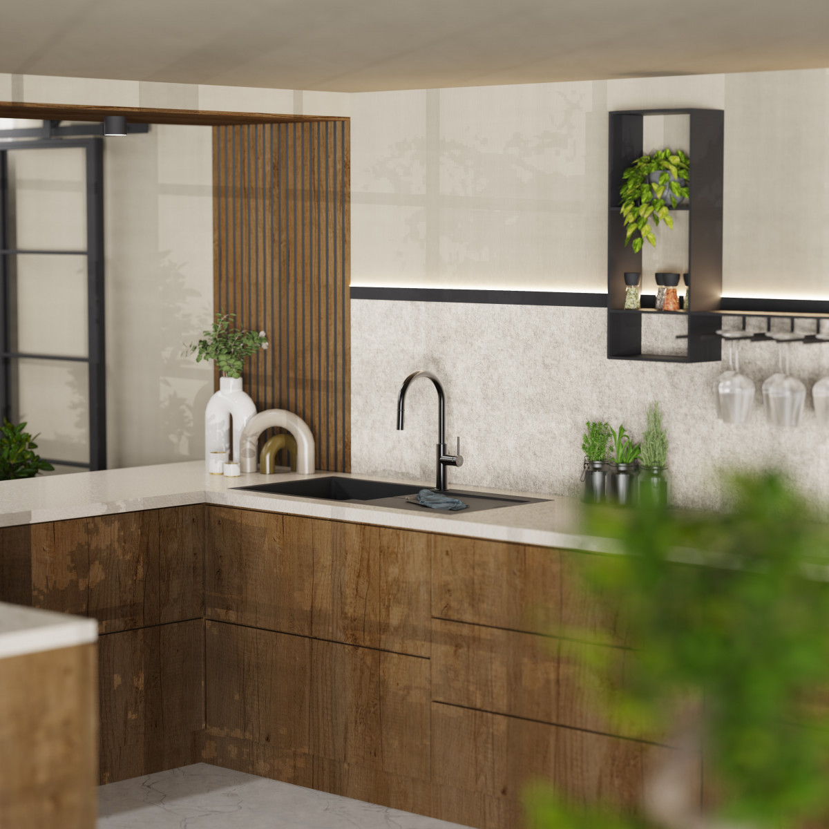 WK 13 Sphere in matte graphite, Kitchen Faucet with arched spout and pull-down spray