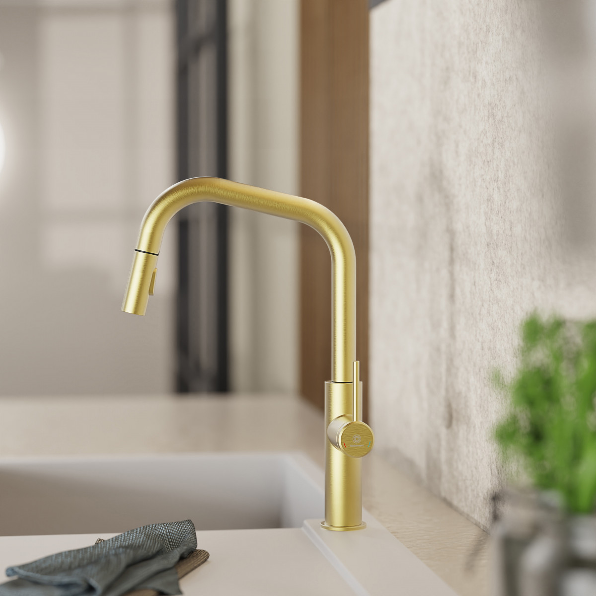 WK 13 Edge in gold look, Kitchen Faucet with edged spout and pull-down spray