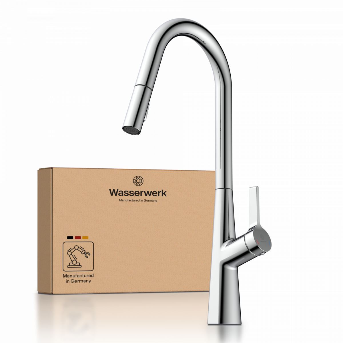 WK 9 Curve in chrome, Kitchen Faucet with curved spout and pull-down spray