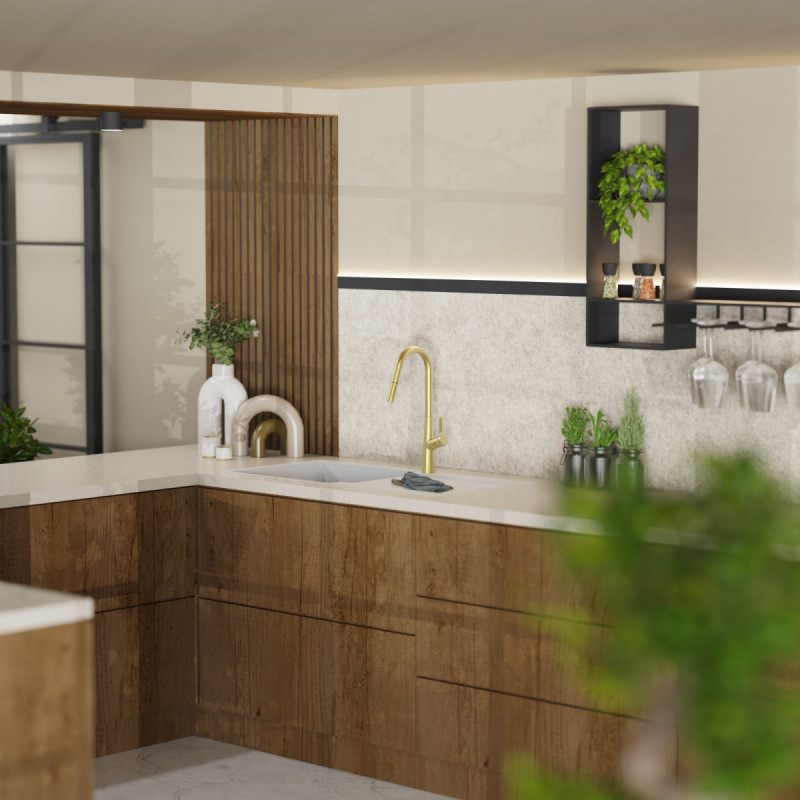 WK 9 Curve in gold look, Kitchen Faucet with curved spout and pull-down spray