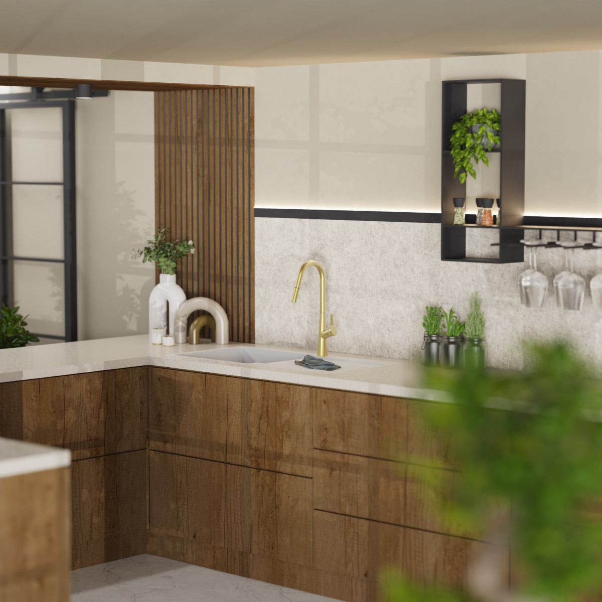 WK 9 Curve in gold look, Kitchen Faucet with curved spout and pull-down spray