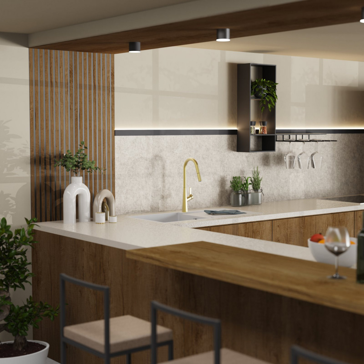 WK 9 Curve in gold look, Kitchen Faucet with curved spout and pull-down spray