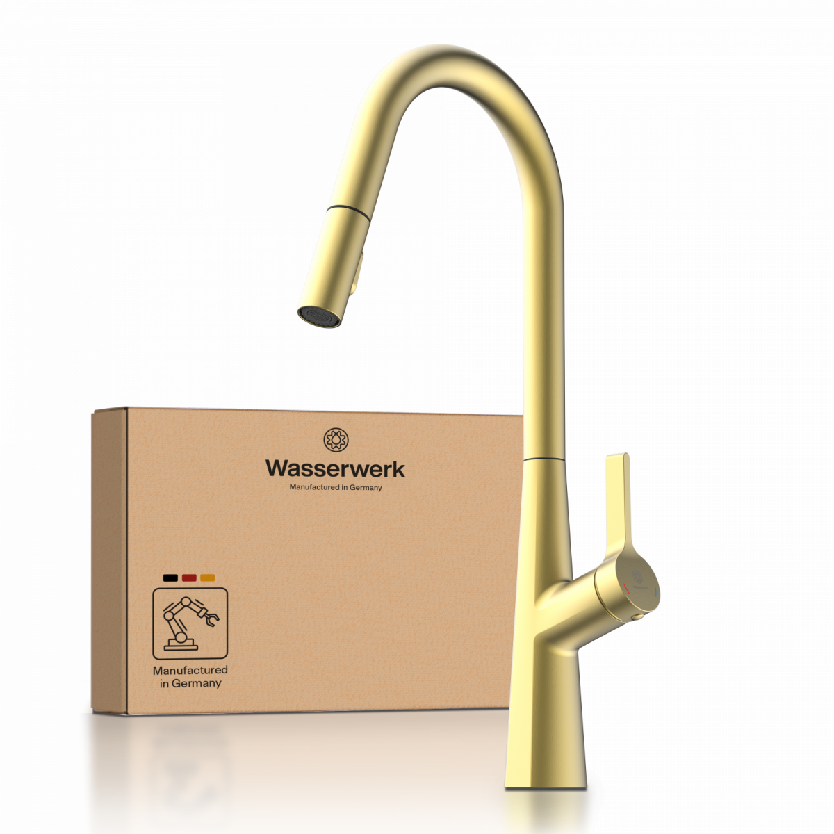 WK 9 Curve in gold look, Kitchen Faucet with curved spout and pull-down spray
