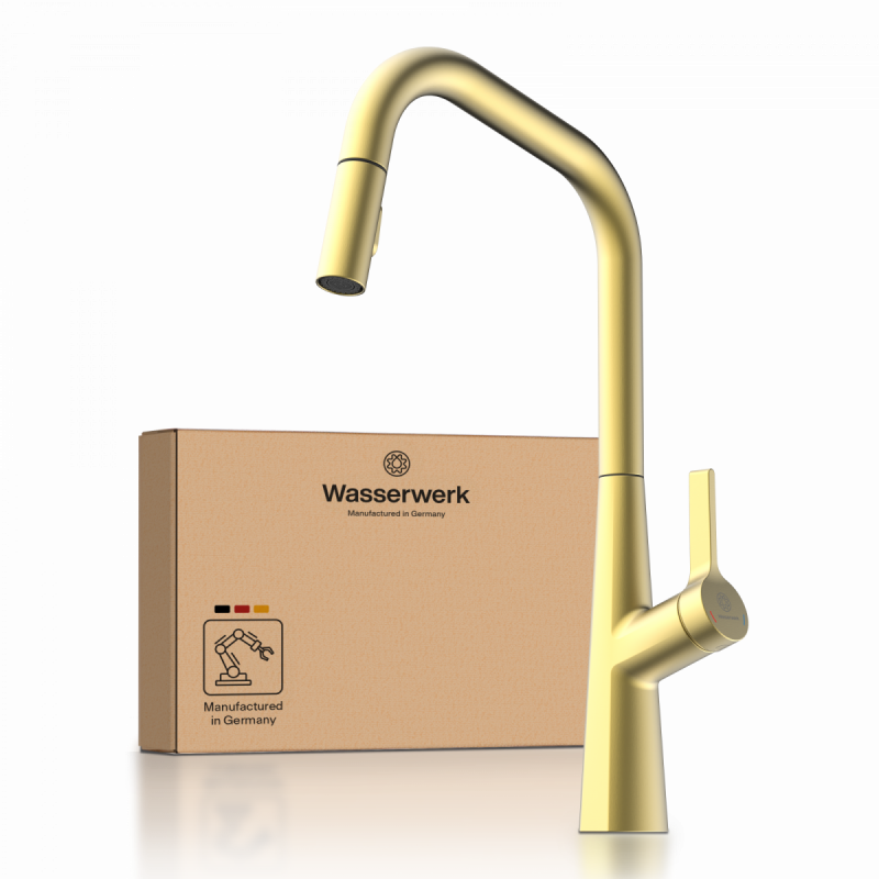 WK 9 Edge in gold look, Kitchen Faucet with edged spout and pull-down spray