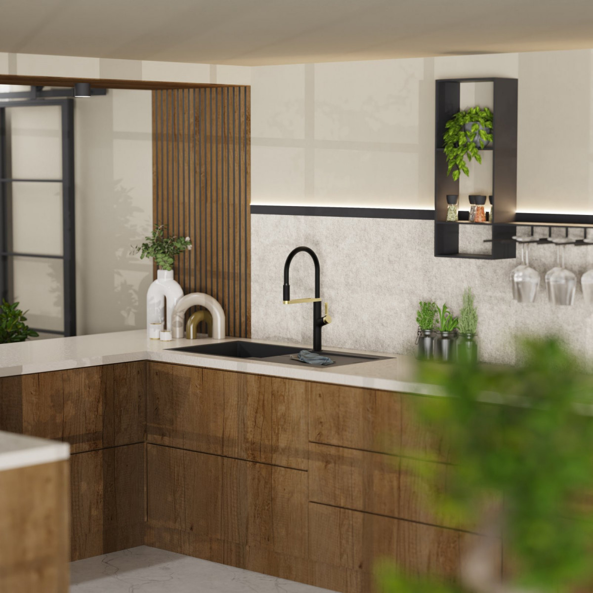 WK 2 en noir/or, Mitigeur de cuisine avec tuyau flexible Soft-Touch et douchette
