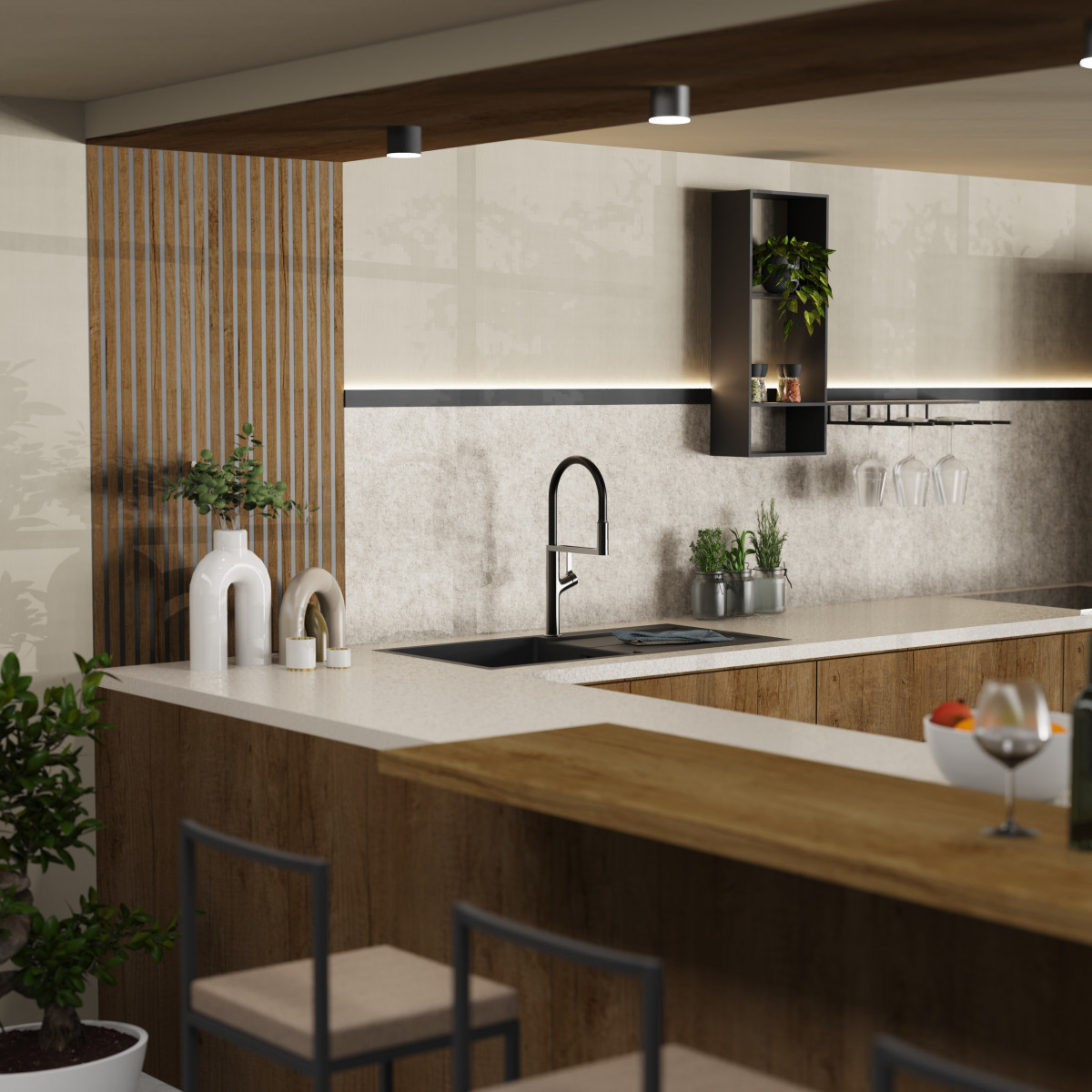 WK 2 en graphite mat, Mitigeur de cuisine avec tuyau flexible Soft-Touch et douchette