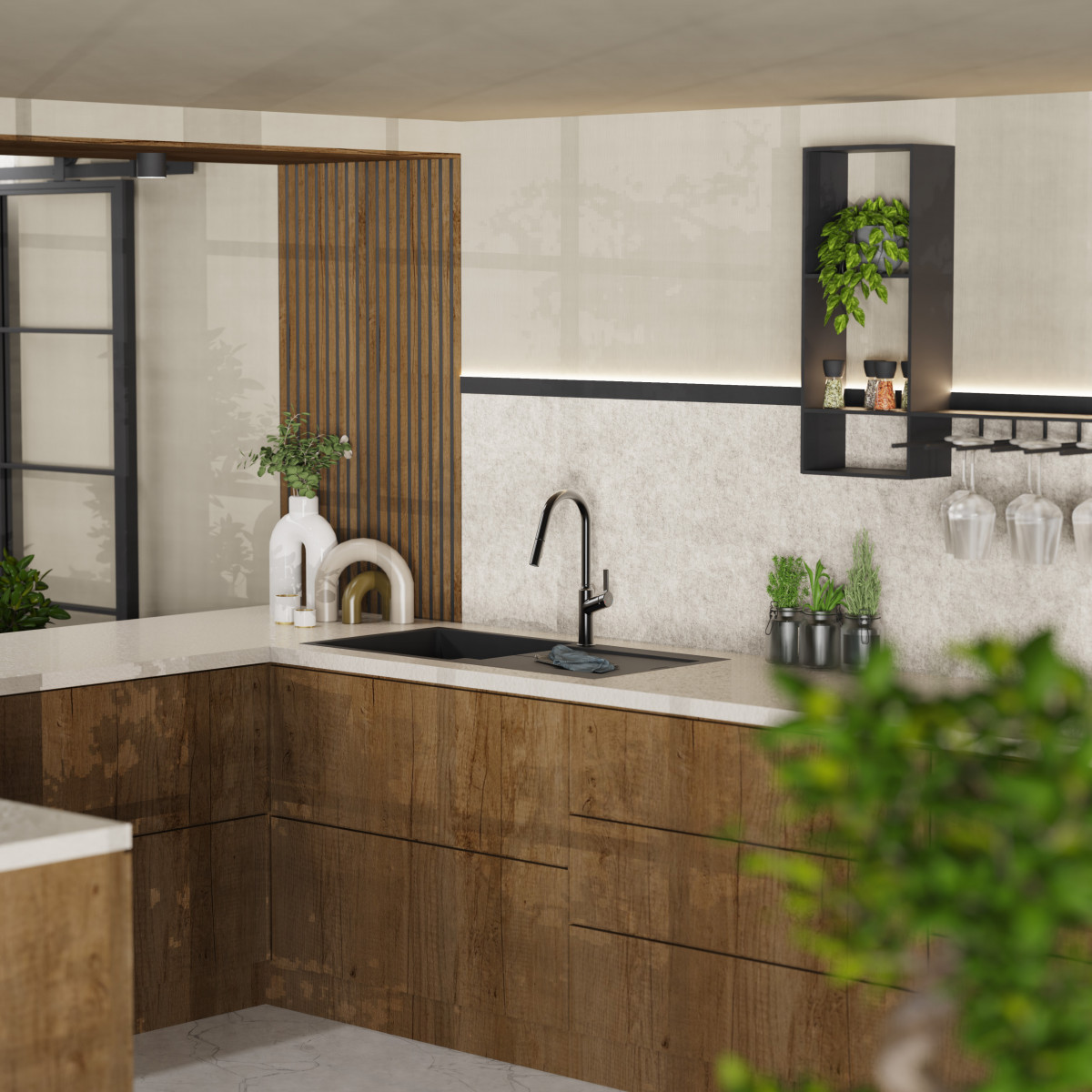 WK 12 en graphite mat, Mitigeur de cuisine avec bec incurvé et douchette