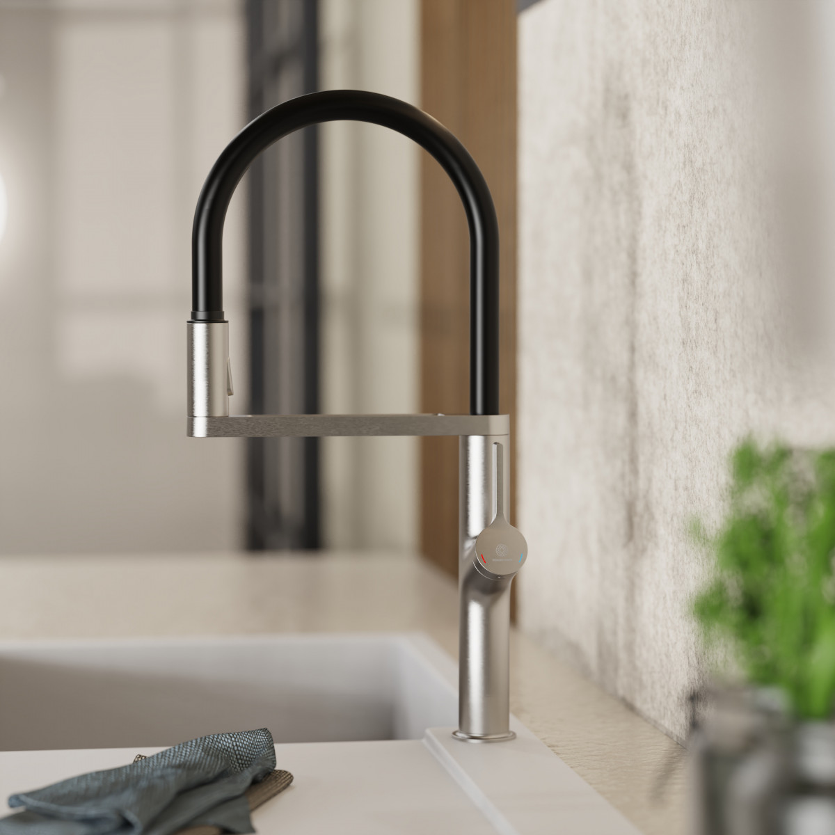 WK 2 en apparence inox, Mitigeur de cuisine avec tuyau flexible Soft-Touch et douchette
