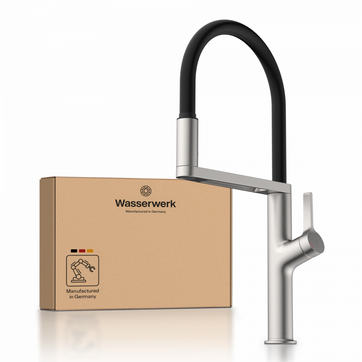 WK 2 en apparence inox, Mitigeur de cuisine avec tuyau flexible Soft-Touch et douchette