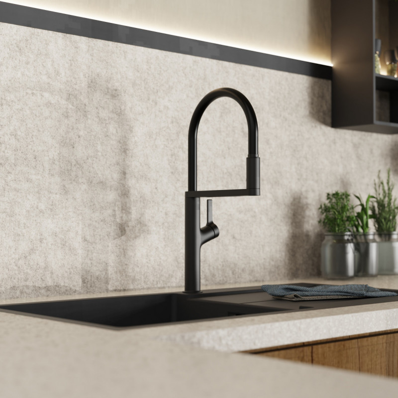 WK 2 en noir, Mitigeur de cuisine avec tuyau flexible Soft-Touch et douchette