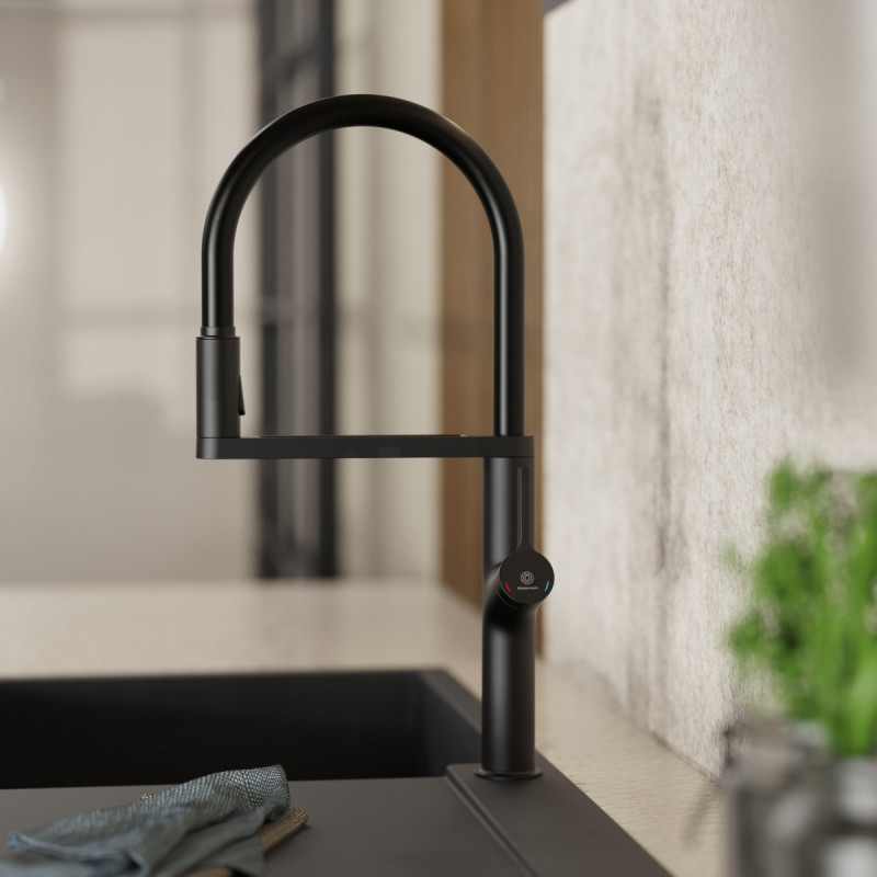 WK 2 en noir, Mitigeur de cuisine avec tuyau flexible Soft-Touch et douchette