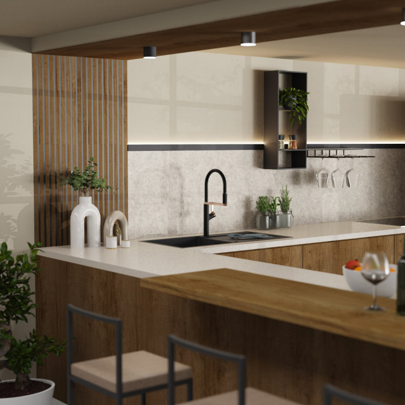 WK 2 en noir/or rosé, Mitigeur de cuisine avec tuyau flexible Soft-Touch et douchette