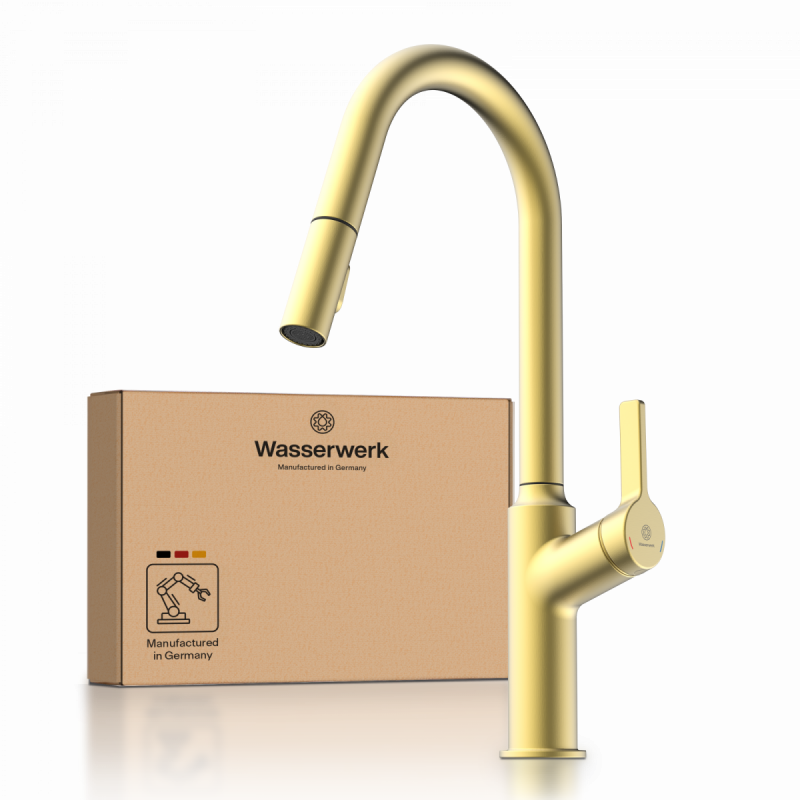WK 12 in gold look, Kitchen Faucet with curved spout and pull-down spray