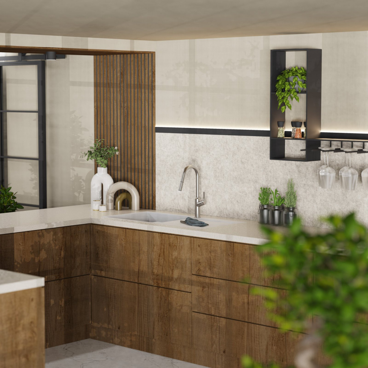 WK 12 en apparence inox, Mitigeur de cuisine avec bec incurvé et douchette