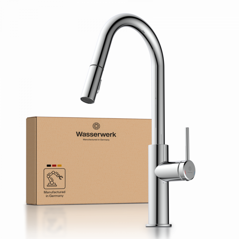 WK 13 Curve in chrome, Kitchen Faucet with curved spout and pull-down spray