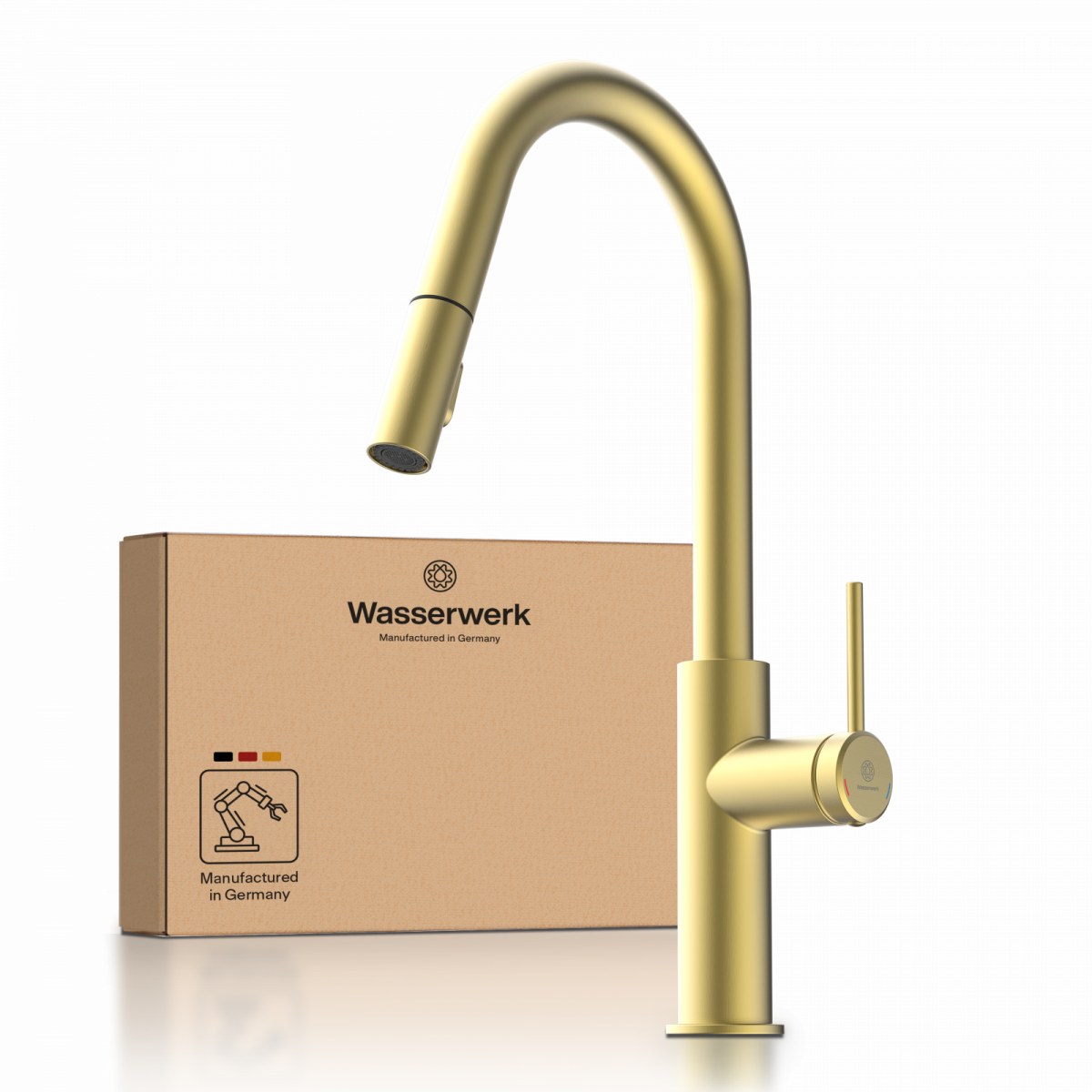 WK 13 Curve in gold look, Kitchen Faucet with curved spout and pull-down spray