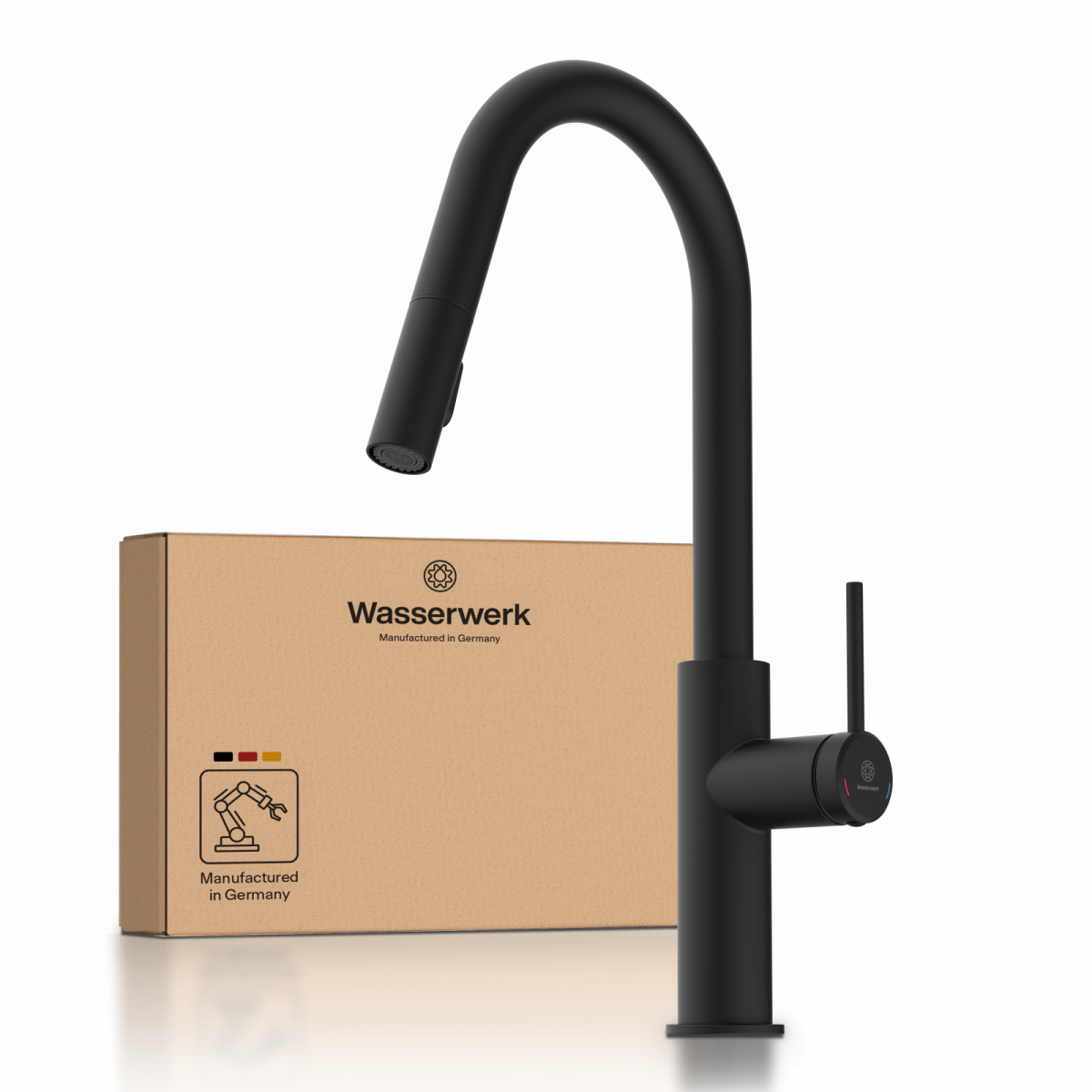 WK 13 Curve in black, Kitchen Faucet with curved spout and pull-down spray
