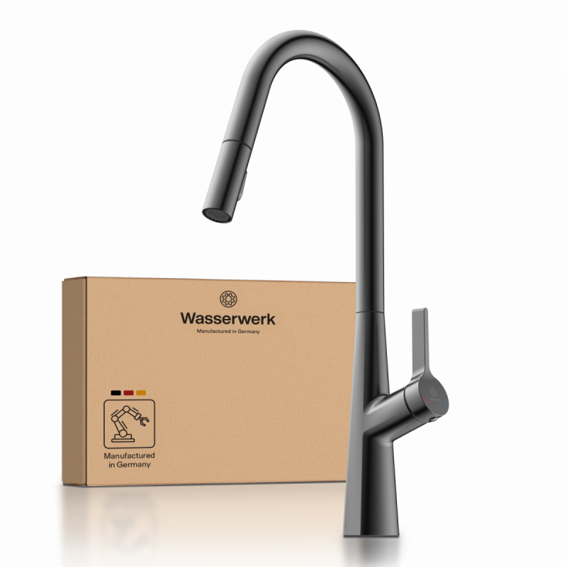 WK 9 Curve in matte graphite, Kitchen Faucet with curved spout and pull-down spray