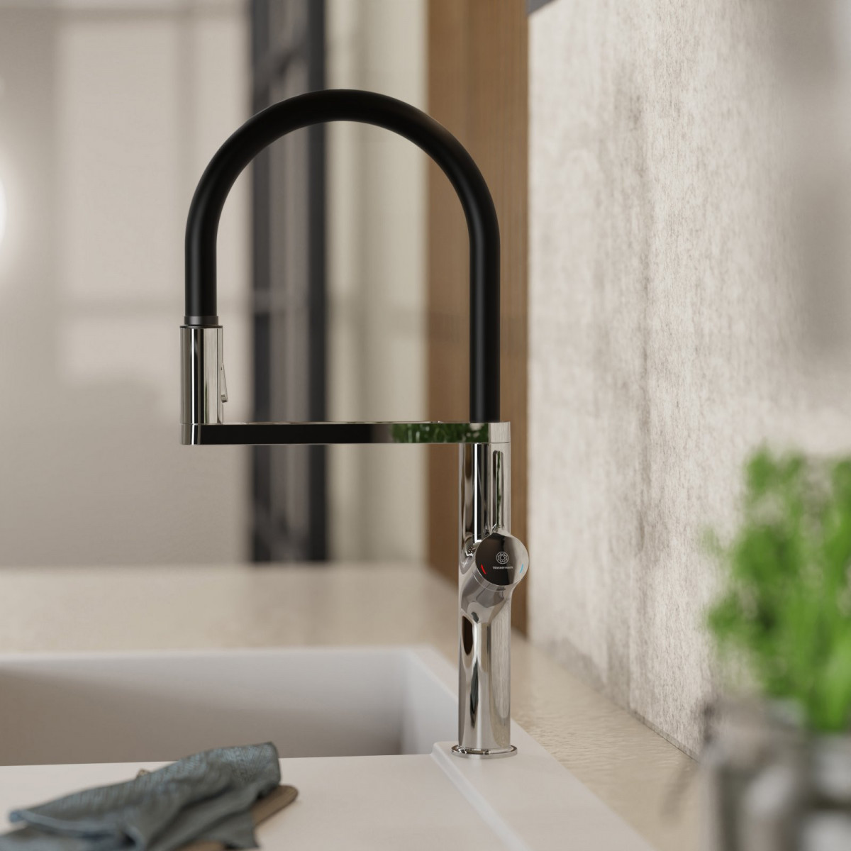 WK 2 en chrome, Mitigeur de cuisine avec tuyau flexible Soft-Touch et douchette