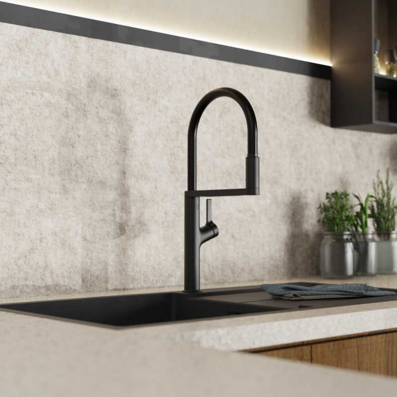 WK 2 en noir, Mitigeur de cuisine avec tuyau flexible Soft-Touch et douchette