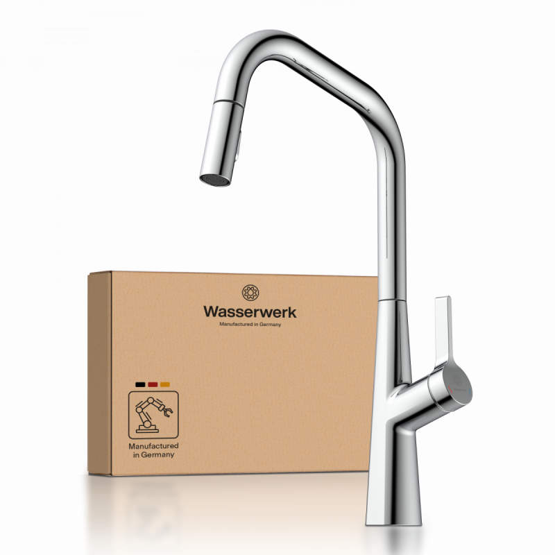 WK 9 Edge in chrome, Kitchen Faucet with edged spout and pull-down spray