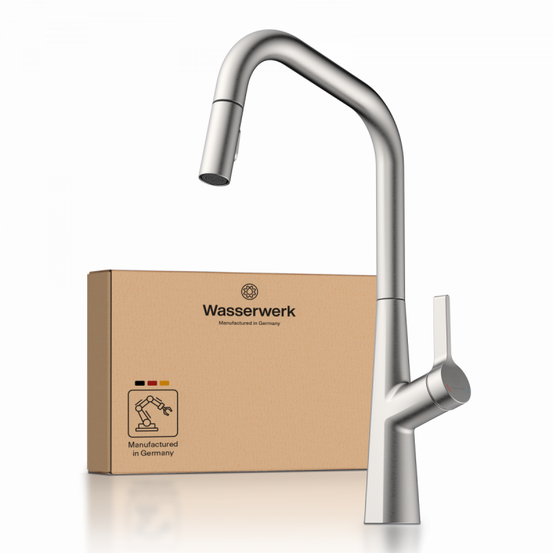 WK 9 Edge in stainless steel look, Kitchen Faucet with edged spout and pull-down spray