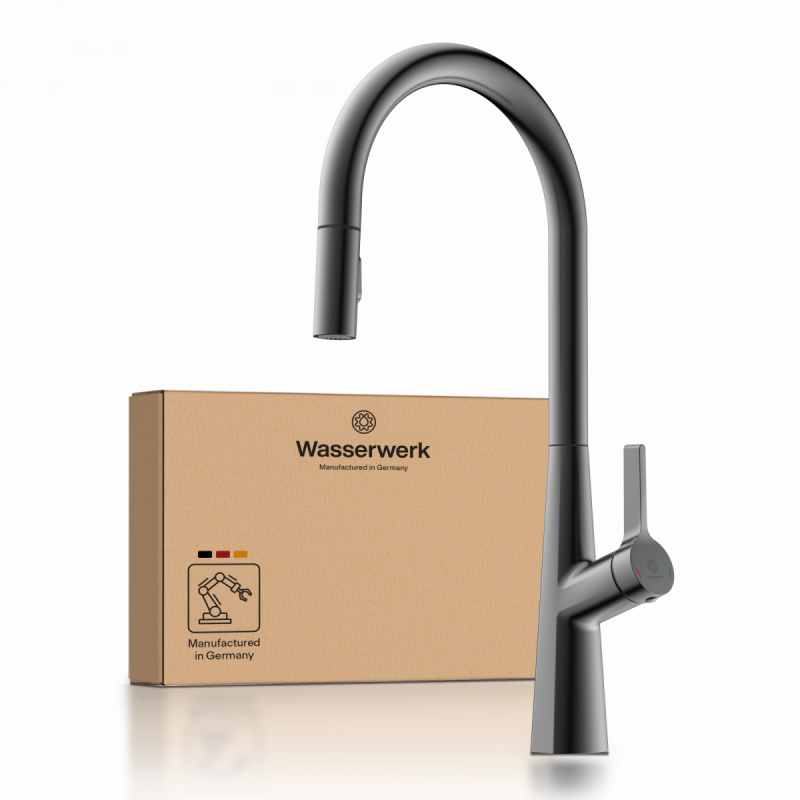 WK 9 Sphere in matte graphite, Kitchen Faucet with arched spout and pull-out spray