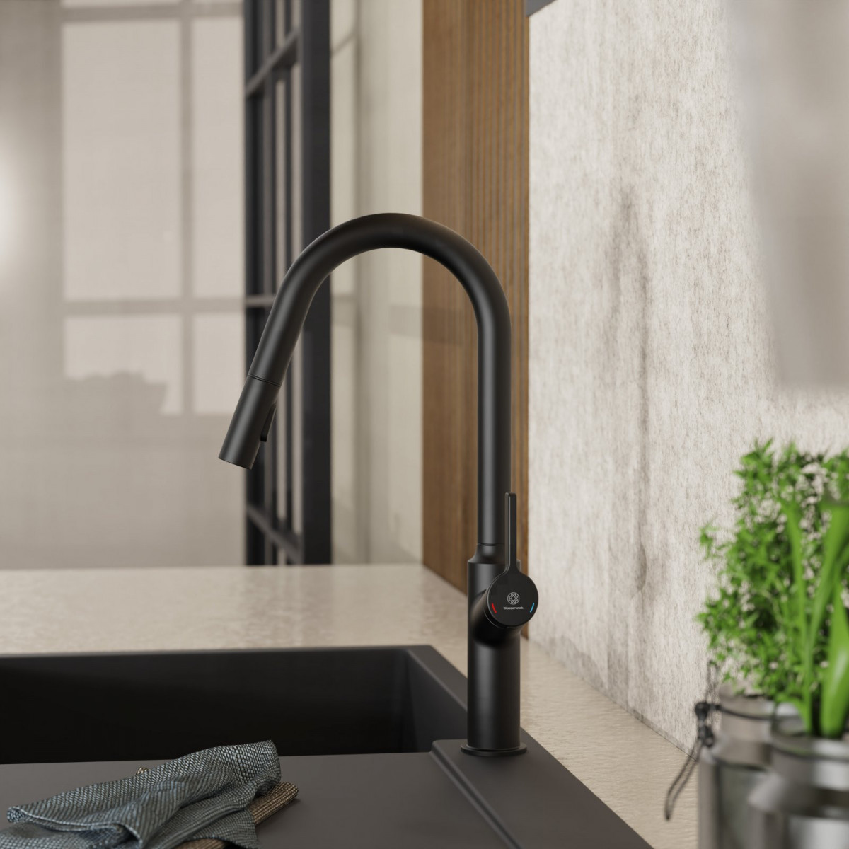WK 12 in black, Kitchen Faucet with curved spout and pull-down spray