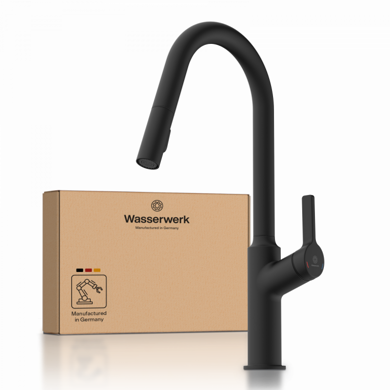 WK 12 in black, Kitchen Faucet with curved spout and pull-down spray