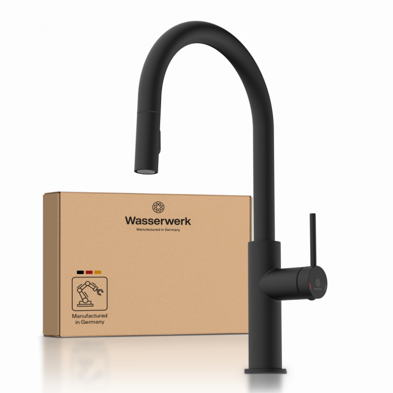 WK 13 Sphere in black, Kitchen Faucet with arched spout and pull-down spray