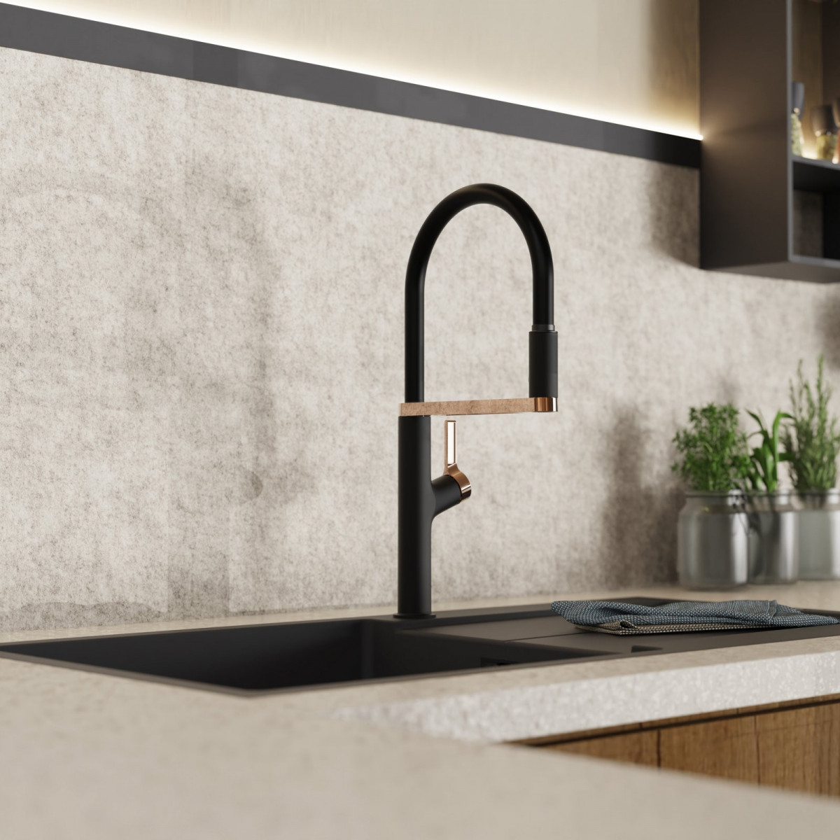 WK 2 in black/rose gold, Kitchen Faucet semi-pro with pull-down soft-touch hose