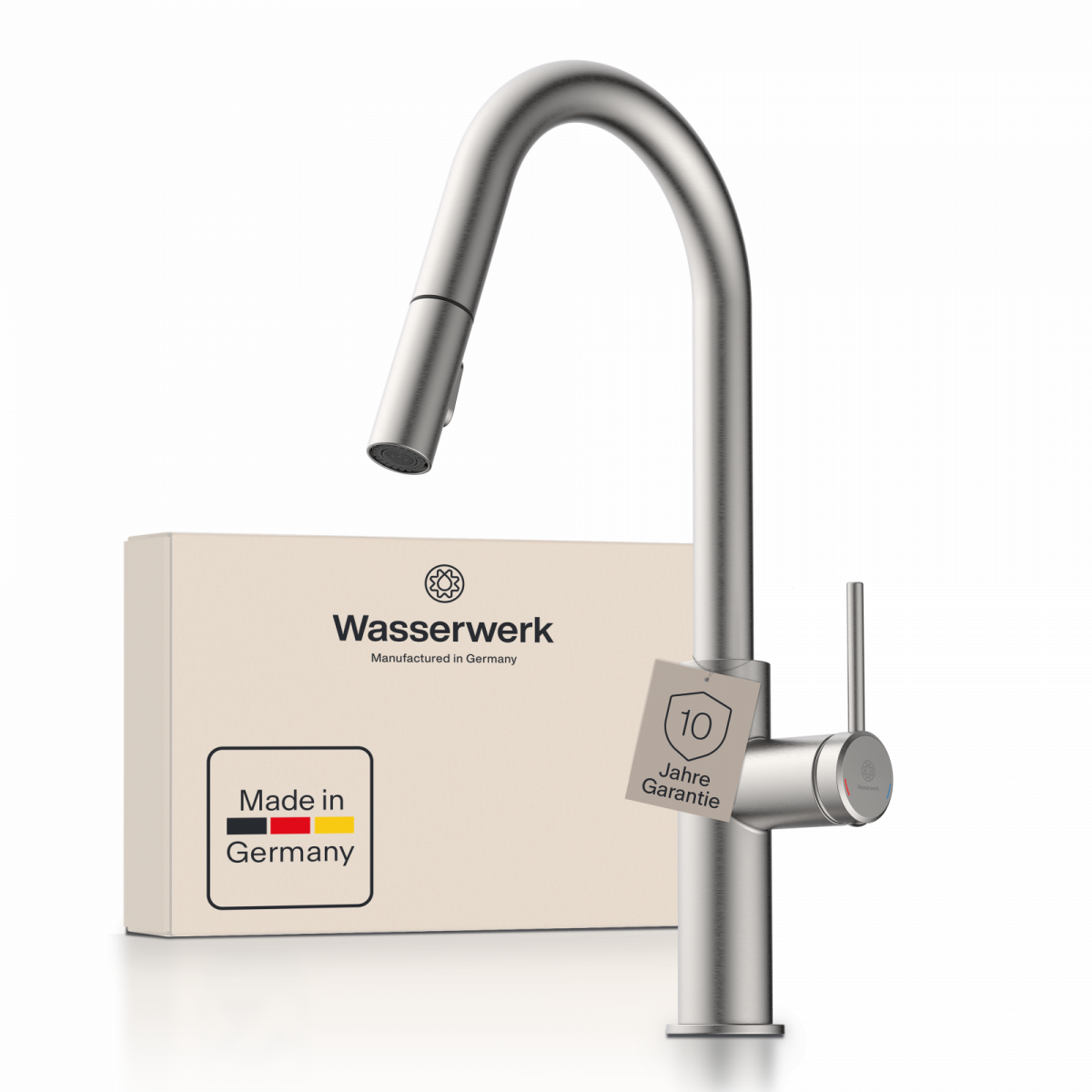 WK 13 Curve in stainless steel look, Kitchen Faucet with curved spout and pull-down spray