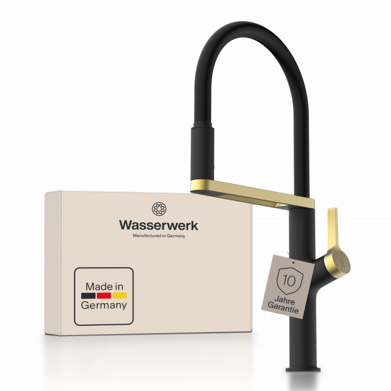 WK 2 in black/gold, Kitchen Faucet semi-pro with pull-down soft-touch hose