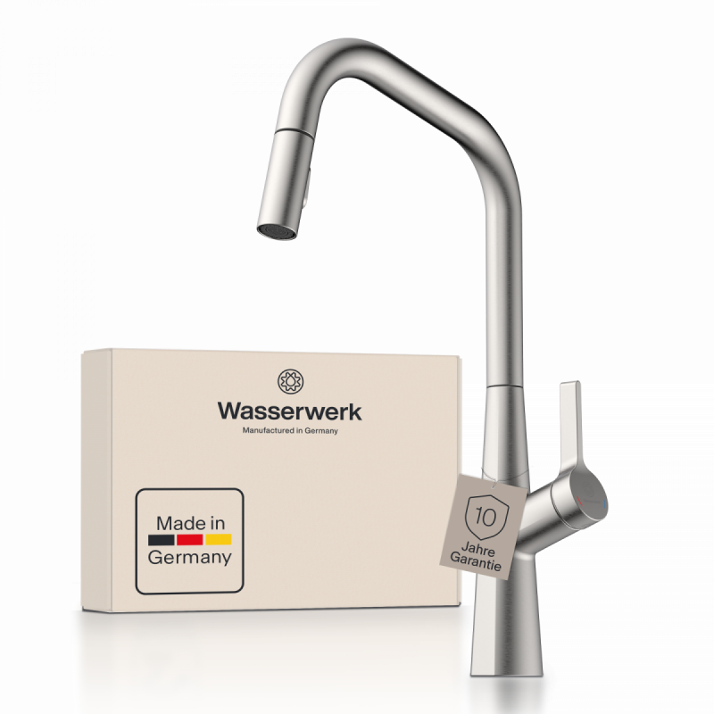 WK 9 Edge in stainless steel look, Kitchen Faucet with edged spout and pull-down spray