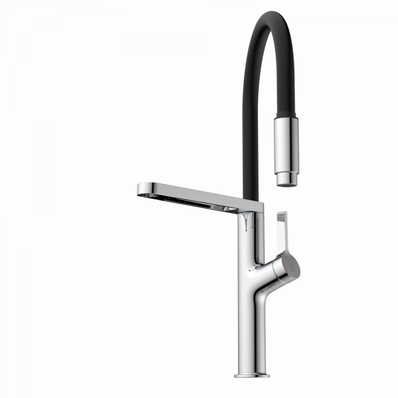 WK 2 en chrome, Mitigeur de cuisine avec tuyau flexible Soft-Touch et douchette