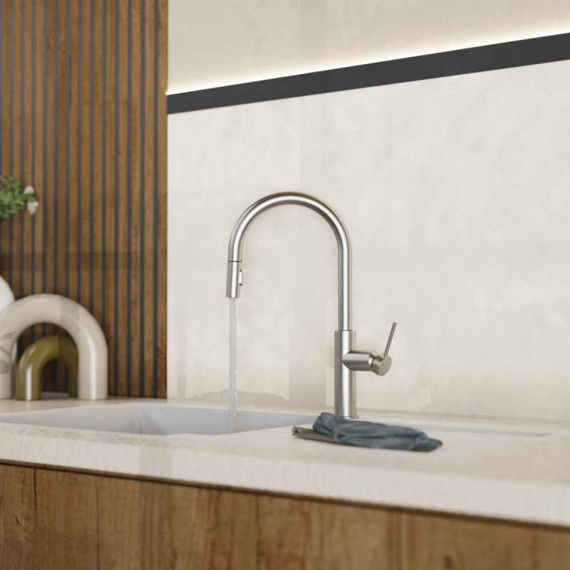 WK 13 Sphere in stainless steel look, Kitchen Faucet with arched spout and pull-down spray