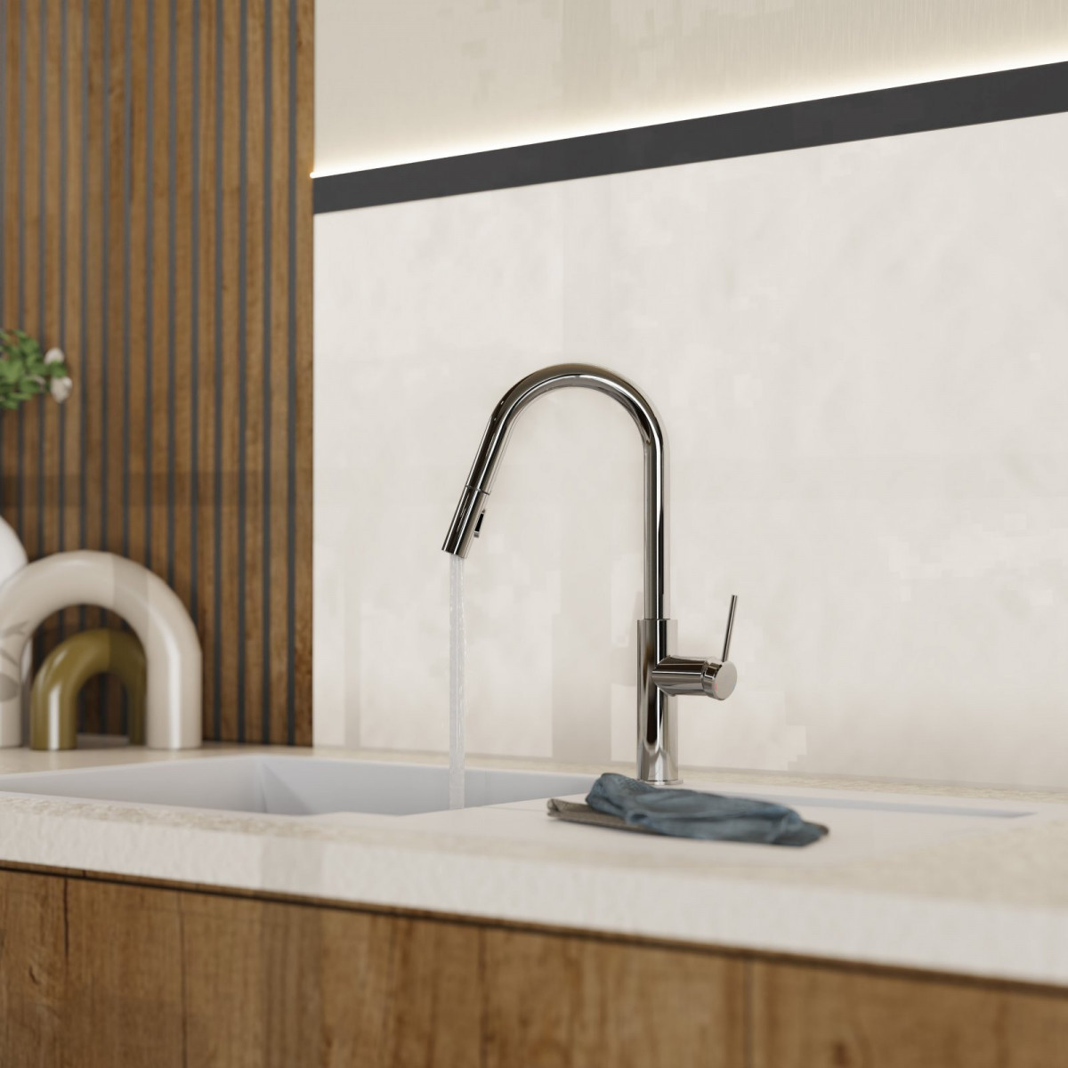 WK 13 Curve in chrome, Kitchen Faucet with curved spout and pull-down spray