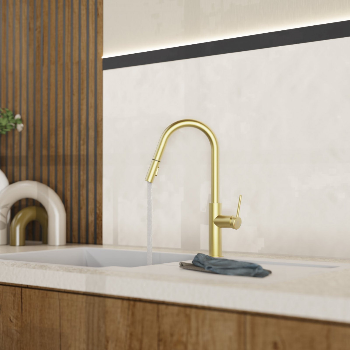 WK 13 Curve in gold look, Kitchen Faucet with curved spout and pull-down spray