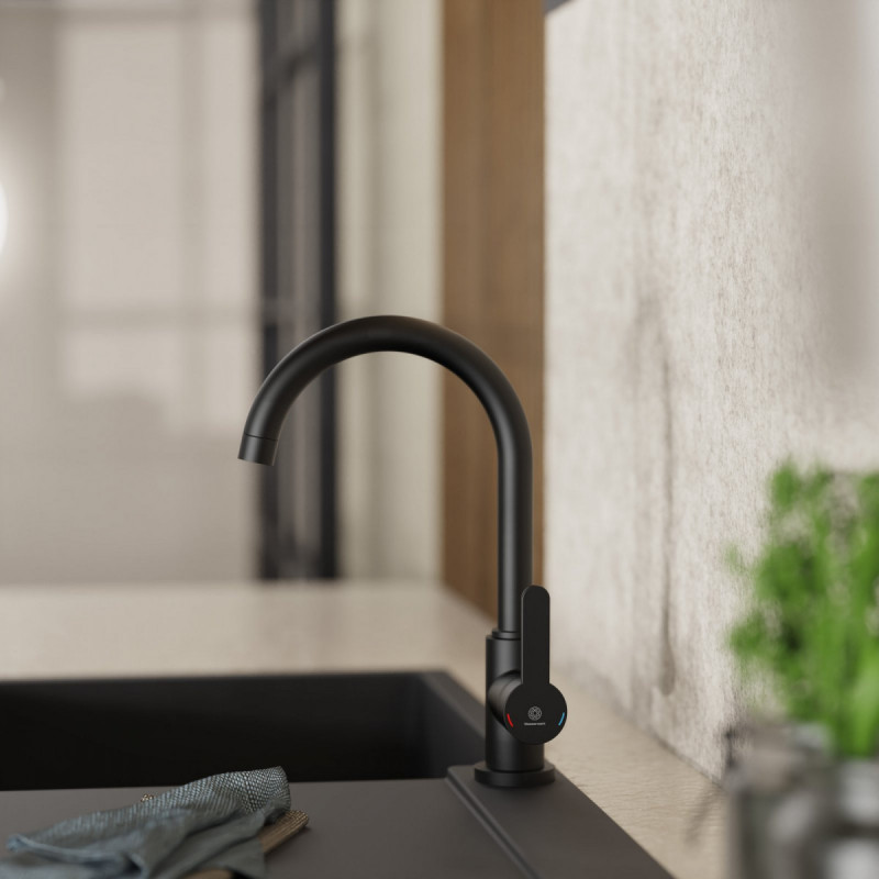 WK 5 in black, Kitchen Faucet with classic curved spout