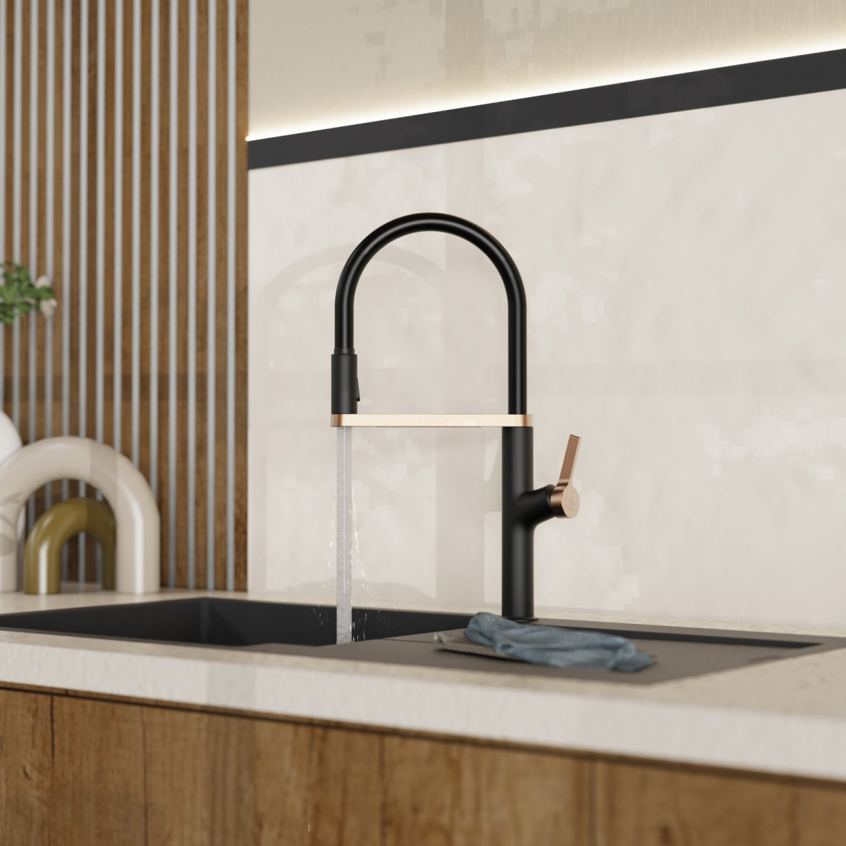 WK 2 in black/rose gold, Kitchen Faucet semi-pro with pull-down soft-touch hose