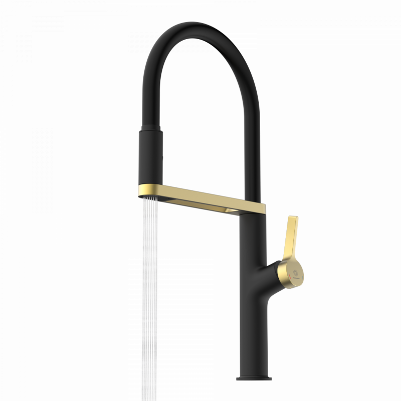 WK 2 en noir/or, Mitigeur de cuisine avec tuyau flexible Soft-Touch et douchette