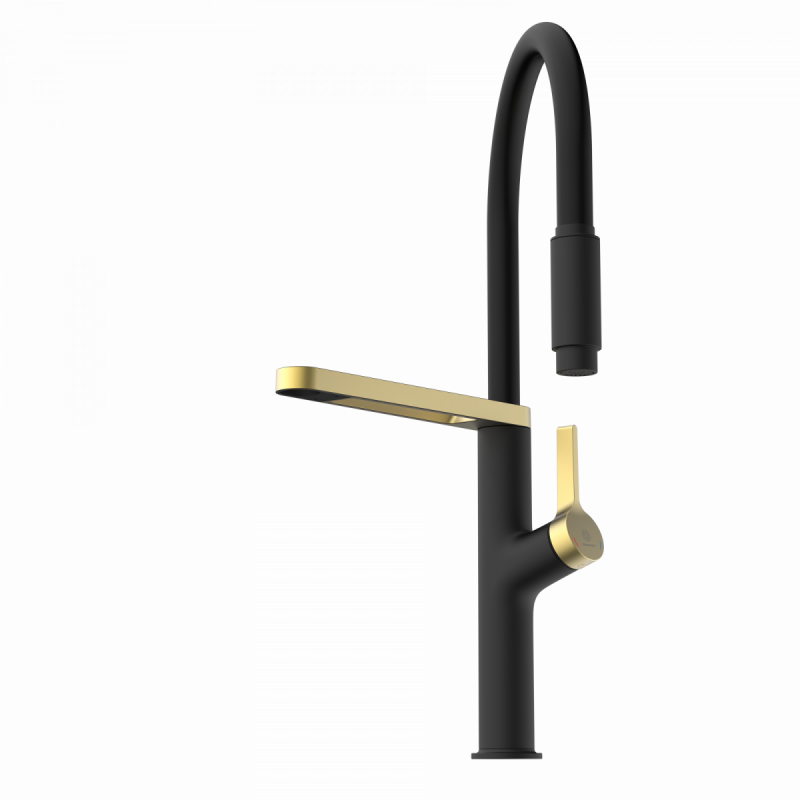 WK 2 en noir/or, Mitigeur de cuisine avec tuyau flexible Soft-Touch et douchette
