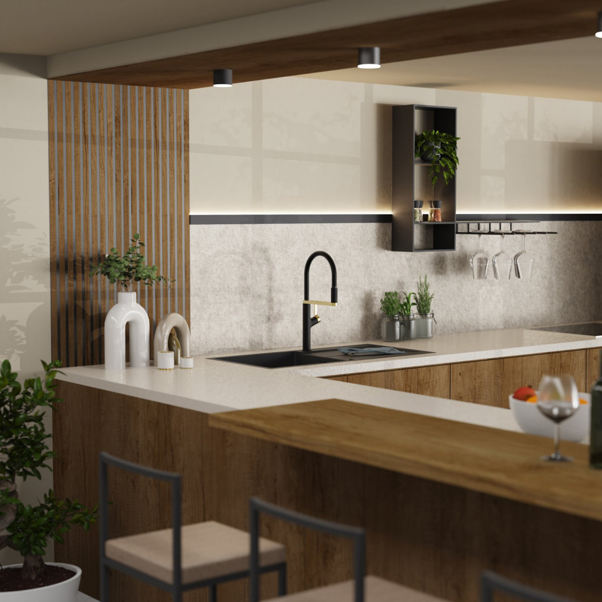 WK 2 en noir/or, Mitigeur de cuisine avec tuyau flexible Soft-Touch et douchette